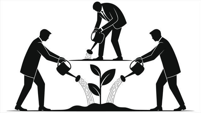 Business Growth Concept with Minimalist Silhouettes of Professionals Watering a Growing Plant Together; Vector Illustration Symbolizing Teamwork, Corporate Investment, and Sustainable Success