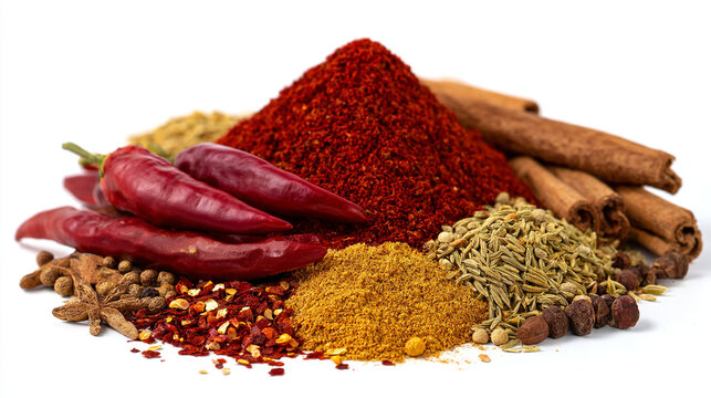 Heap of various spices and dried chili peppers studio shot spice blend