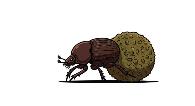 Dung Beetle Vector Illustration Rolling a Large Ball of Dung or Manure Isolated on White Background