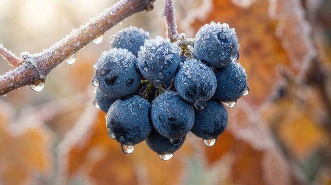 Close-up of dark blue grapes on a frosted vine, glistening with dew drops against a blurred autumn background.
