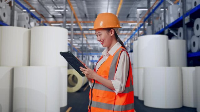 Side View Of Asian Female Engineer With Safety Helmet Working On A Tablet While Standing at Warehouse with Rows of Stacked White Polymer and Paper Rolls