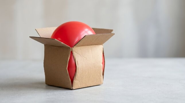 Red balloon expanding and breaking out of small cardboard box