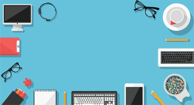A colorful flat lay vector illustration displays a variety of office tools, tech gadgets, and stationery arranged around a vibrant blue workspace.