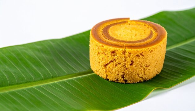 Steamed bean pudding roll. Healthy West African Moi Moi served on a green banana leaf with a unique spiral texture.