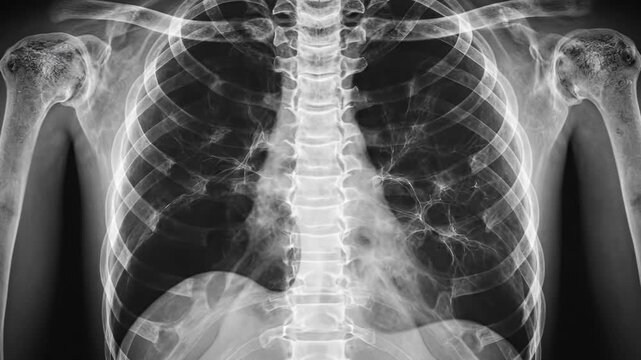 Radiography chest x ray scan of patient spine, ribs, and shoulders for medical diagnosis and health assessment