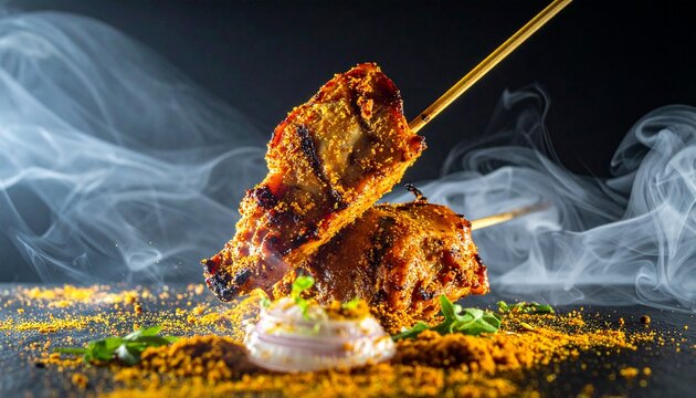 Spicy beef suya skewers. Grilled meat seasoned with traditional yaji spice and aromatic smoke on a dark background.