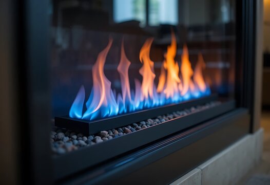 Modern gas fireplace with blue and orange flames. gas fire place