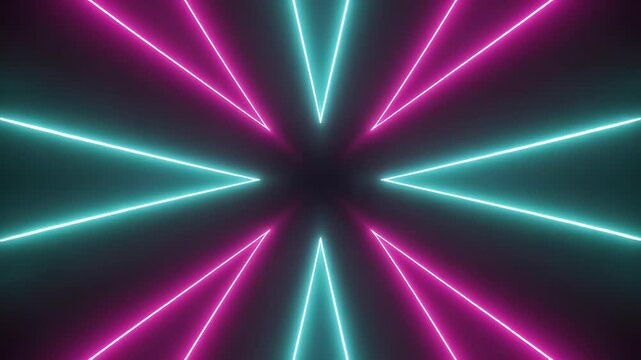Vibrant pink and blue neon lines radiate outward in all directions on a dark background.