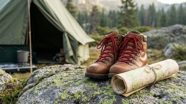 Rugged Hiking Boots and Rolled Map Awaiting Wilderness Adventure
