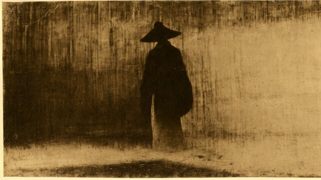 Intentionally grainy J-horror silhouette of a ghost figure in kimono, sinister atmosphere