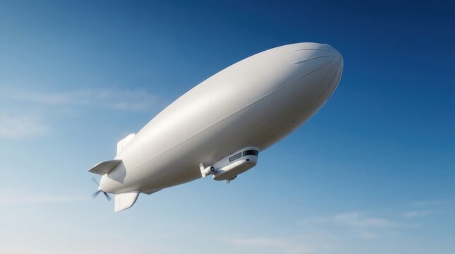 A sleek, white blimp soars through a clear blue sky with wispy clouds in the background.