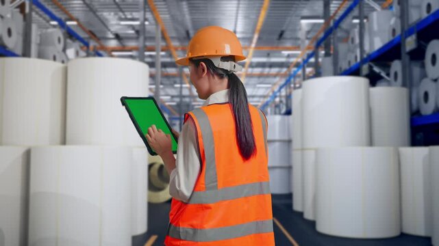 Back View Of Asian Female Engineer With Safety Helmet Working On A Green Screen Tablet And Looking Around at Warehouse with Rows of Stacked White Polymer and Paper Rolls