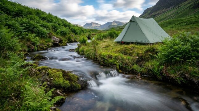 Tent Camped by a Flowing Mountain Stream in the Scottish Highlands