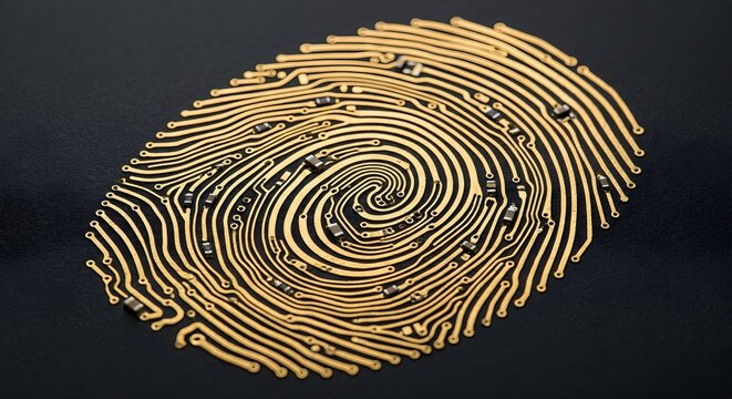 Luxury Biometric Security Fingerprint as Golden Microchip Circuitry