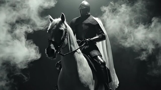 Knight in shining armor on white horse against smoky background, epic medieval scene or historical reenactment footage