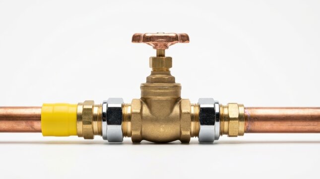 A detailed studio shot of a section of copper piping with a central brass valve, showing plumbing connections and a yellow protective sleeve.