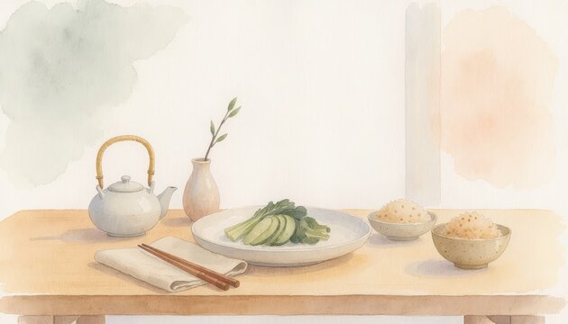 Mindful lifestyle watercolor concept. Minimalist watercolor illustration of a table with Asian food and tea set