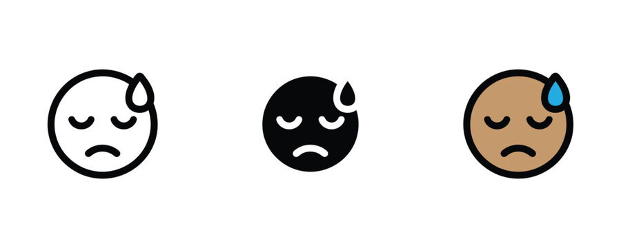 Sad face emoji with sweat drop icon set. Disappointed person avatar feeling stress, mental exhaustion, or illness symptom symbol.