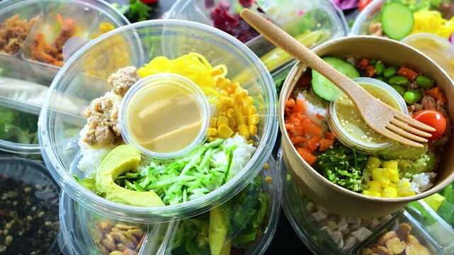 Plastic boxes with pre-packaged vegetable salads. Convenience food