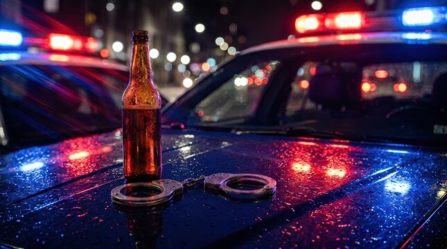 A beer bottle and handcuffs are placed on the hood of a police car with flashing red and blue lights at night, symbolizing a drunk driving arrest.
