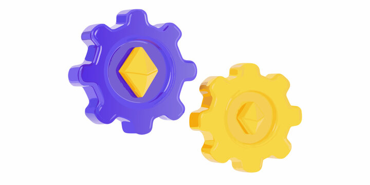 two colorful gears with gemstone center on white background