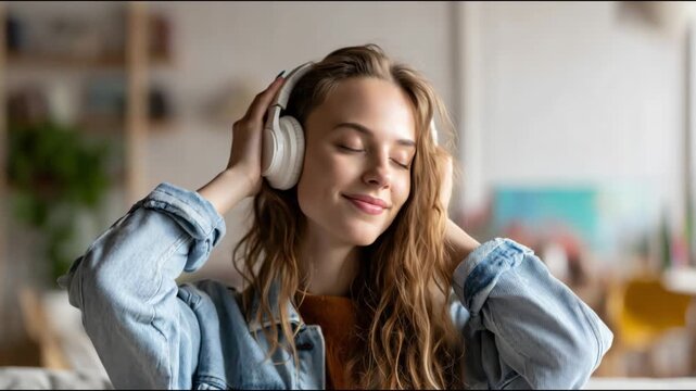 Pretty young woman enjoying favorite song with wireless headphones at home with closed eyes