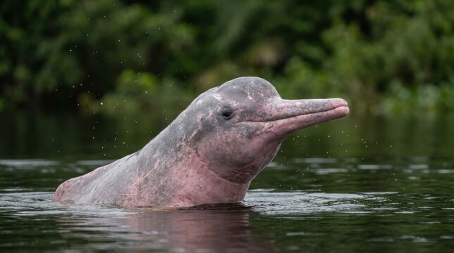 A rare pink Amazon River Dolphin surfaces in dark, reflective water, its head and rostrum visible against lush green jungle foliage.