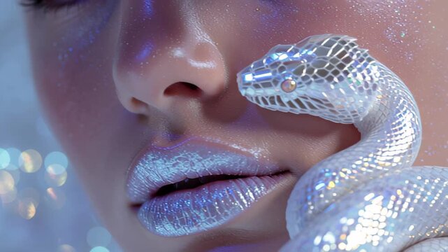 Extreme close-up footage of a woman with shimmering glitter skin and glossy lips, holding a chrome snake near her face in neon light, sci-fi fashion concept