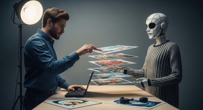 Human designer and AI robot collaborating on creative projects, reviewing visual designs with a laptop