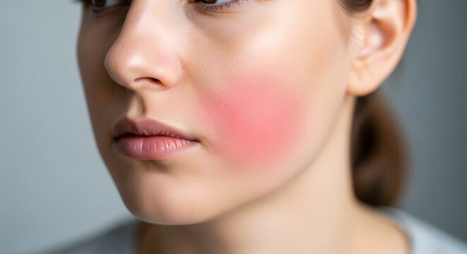 Close-up of woman's face with red rosacea or skin irritation. Generative AI