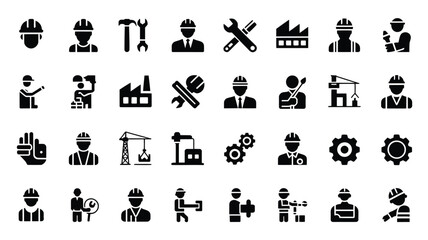 Construction industry icons featuring workers tools and machinery on white background © Soma