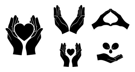 Fototapeta premium Various black hand silhouettes symbolize care, love, and nature.
