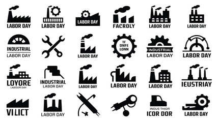 Fototapeta premium Collection of black silhouette icons representing industrial labor factories gears and tools celebrating labor day with a clean modern graphic design style on a white background