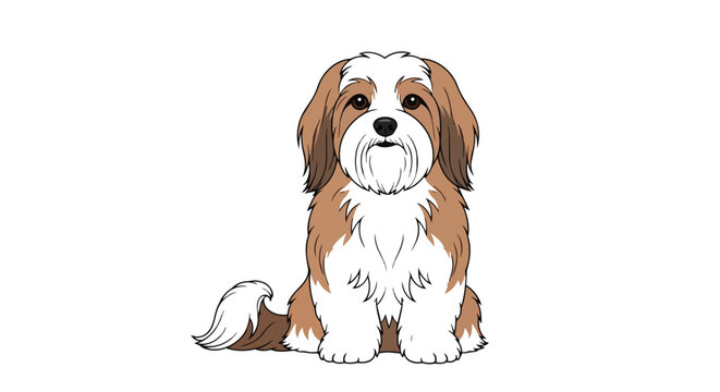 Cute Small Fluffy Dog Sitting Front View Vector Illustration - Brown and White Puppy Portrait