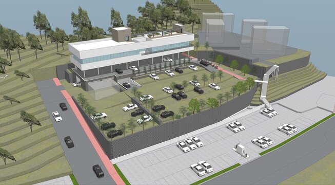 3d architectural rendering bird eye view of a modern educational facility in the city