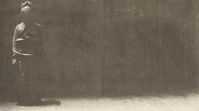 Intentionally grainy J-horror silhouette of a ghost figure in kimono, sinister atmosphere