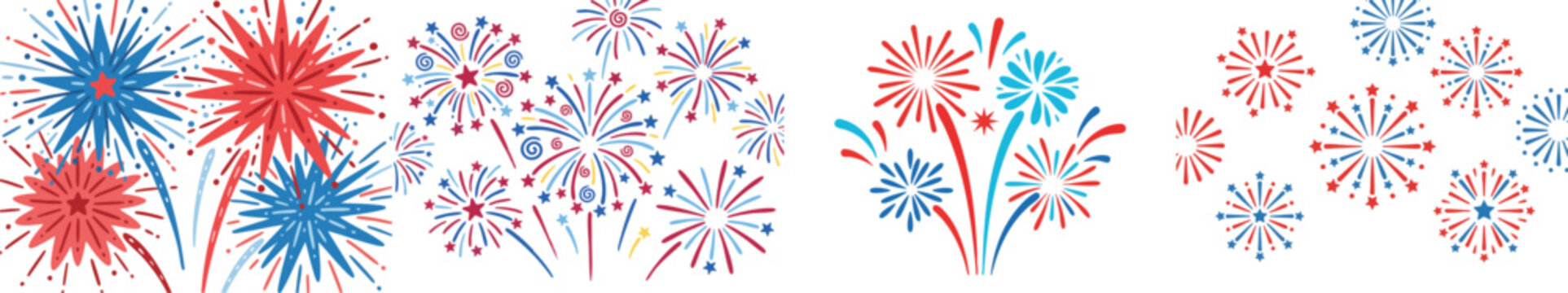 Simple, colorful fireworks graphic with red and blue bursts against a white background.
