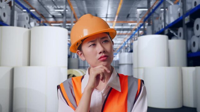 Close Up Of Asian Female Engineer With Safety Helmet Thinking And Looking Around Then Raising Her Index Finger While Standing at Warehouse with Rows of Stacked White Polymer and Paper Rolls