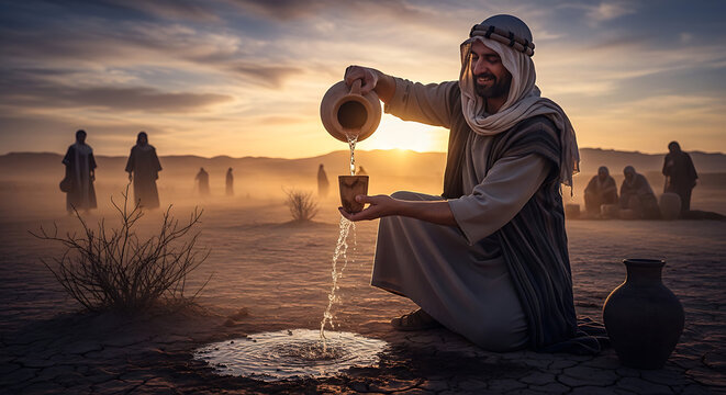 Ancient robed figure pouring refreshing liquid from ceramic vessel into cup, overflow splashing on parched desert sand, historical biblical reenactment of miracle in the arid wilderness.
