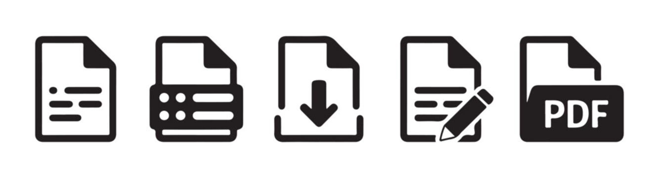 Set of document related icons including files with text and PDF format plus download and edit actions.