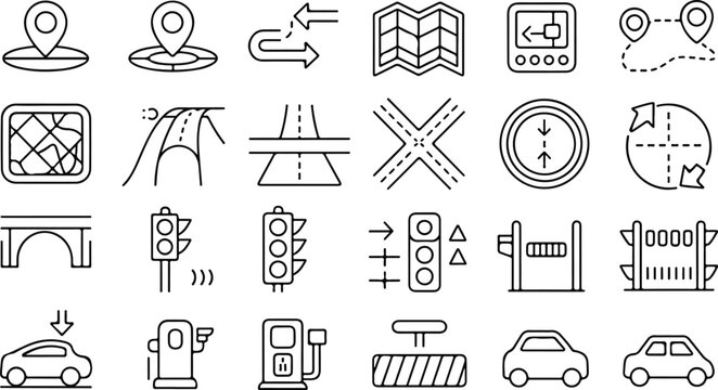 Collection of navigation and traffic icons for transportation and travel concepts
