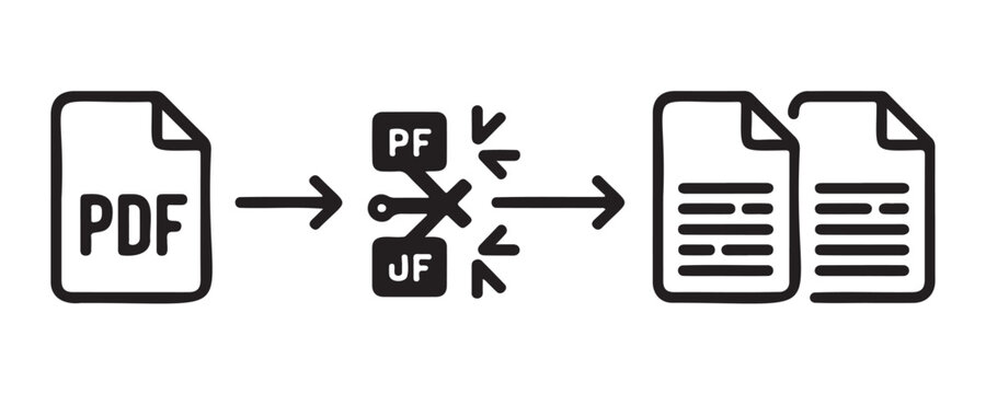 Diagram showing pdf file split process into multiple pages with scissors and arrow icons for document workflow.