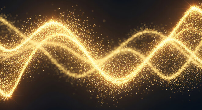 Golden wave particles trail on black background, dynamic light effect