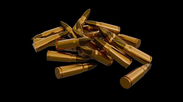 Ammunition Bullets Falling into Pile on a Transparent Background. 4K