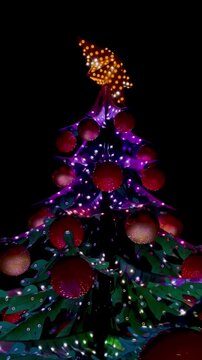 Futuristic Glowing Christmas Tree with Neon Lights and Golden Star