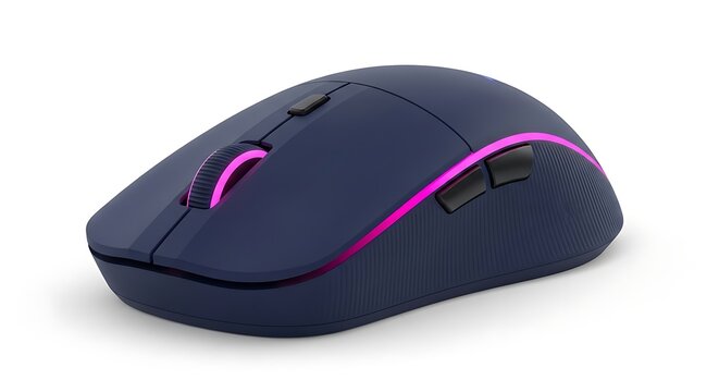 Professional wireless gaming mouse mockup in dark blue with glowing pink light effects against a minimalist white backdrop.