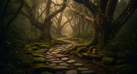 Naklejka premium Misty forest path with ancient trees and mossy stones