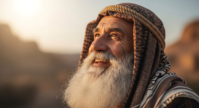 Joyful Middle Eastern man with a neat beard wearing a traditional white kaffiyeh headdress looking up with a bright cheerful expression showcasing cultural heritage and genuine happiness.