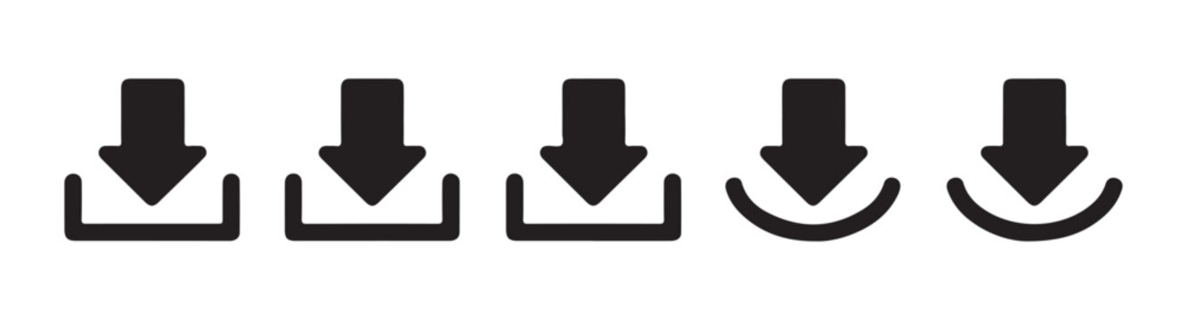 Set of black download icons with arrow shapes and curved bottom lines for user friendly interface design.