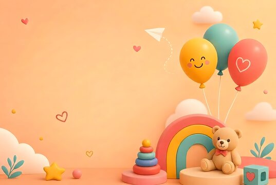 Happy Children's Day Background with 3D Teddy Bear Rainbow and Playful Toys on Orange Backdrop